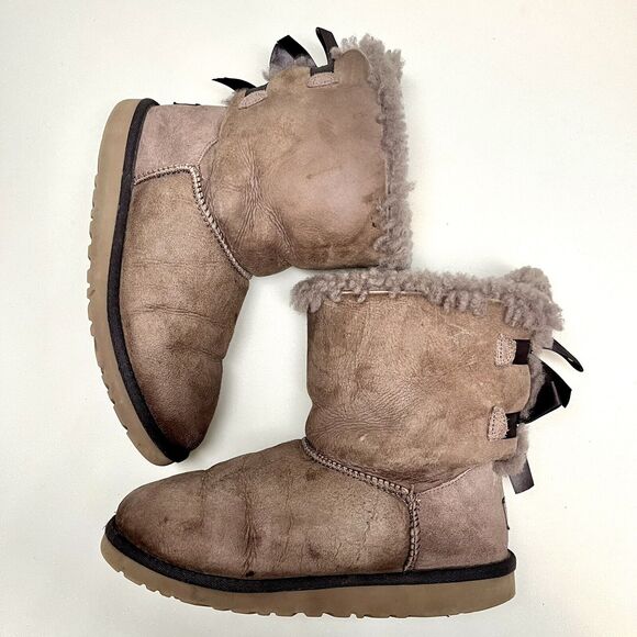 UGG Bailey Bow II Brown Suede Boots Womens 5 Slip On Sheepskin Mid-Calf Boot - Picture 8 of 12